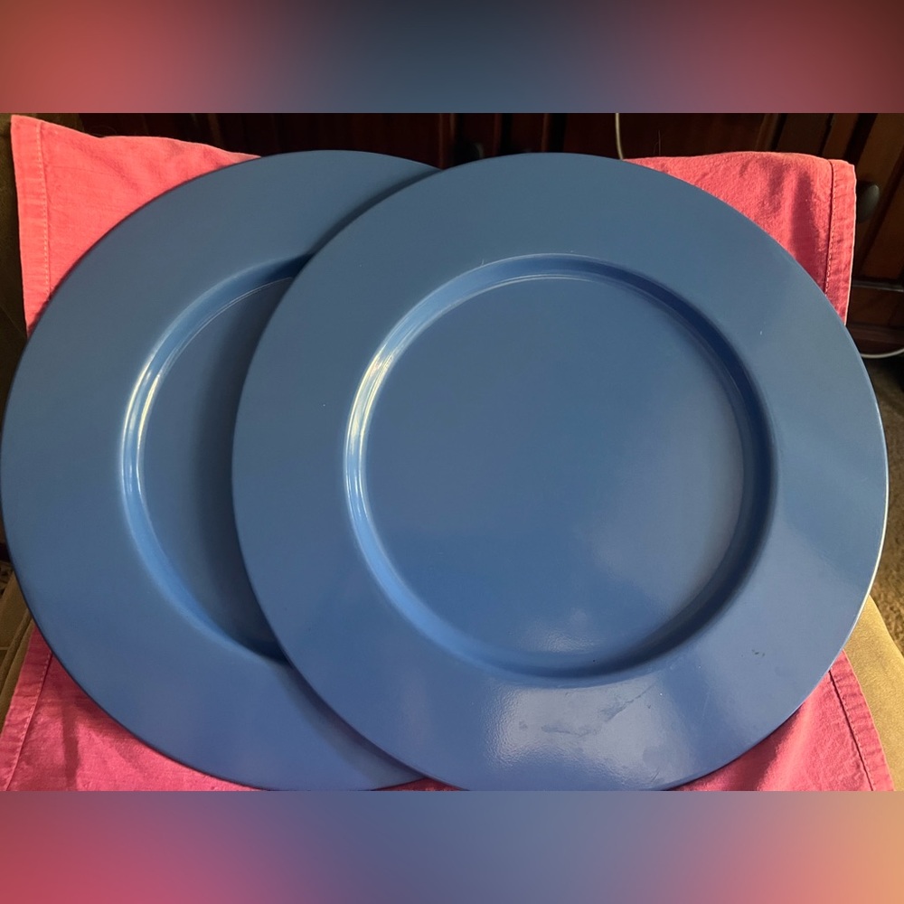 Vintage - two 13-inch blue metal chargers - made in Italy